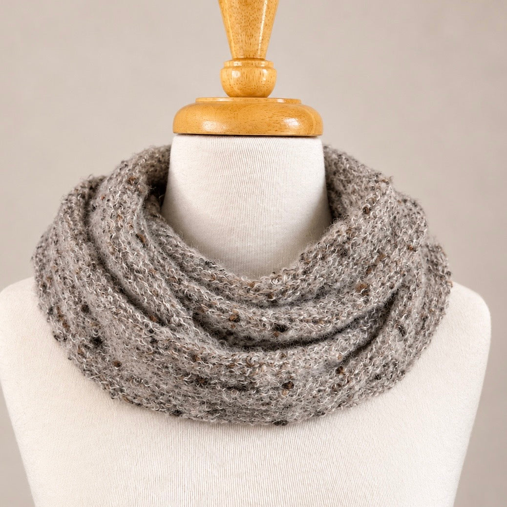 A chunky knit infinity scarf in a heathered gray and brown speckled pattern, Hand made scarf