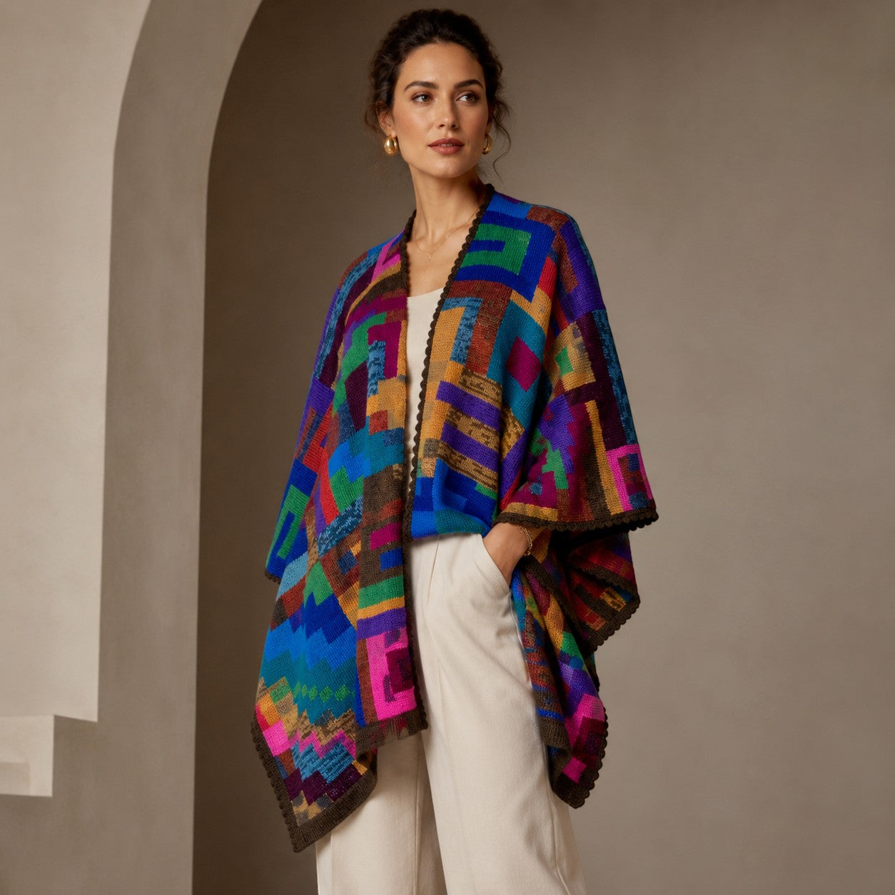Woman wearing a colourful geometric-patterned alpaca cape, cosy luxury winter layering piece.