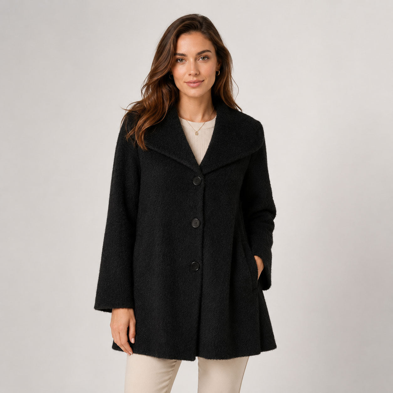 Women’s Jade black alpaca coat with wide collar, button front and side pockets