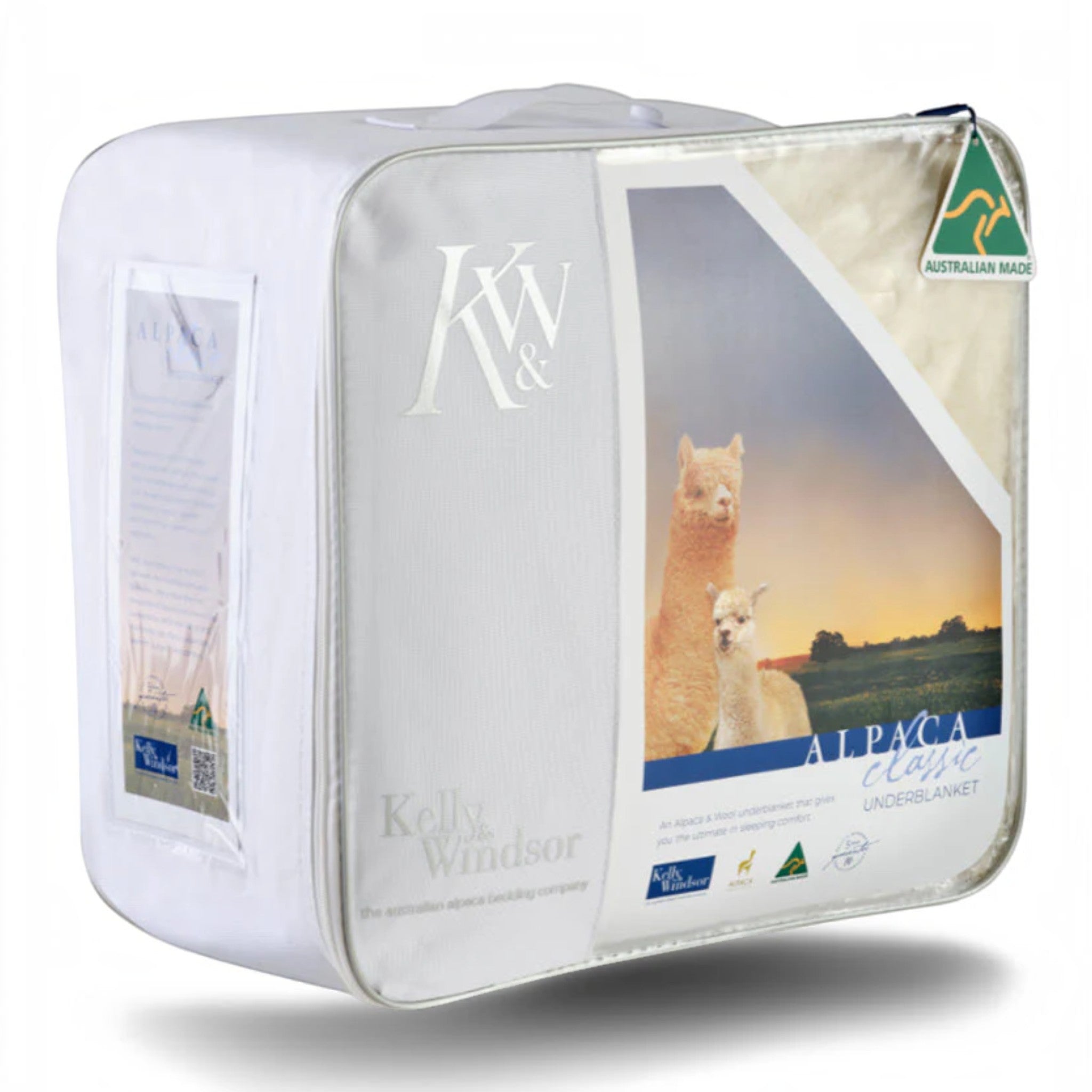 Packaged alpaca quilt with Kelly Windsor branding on a white background