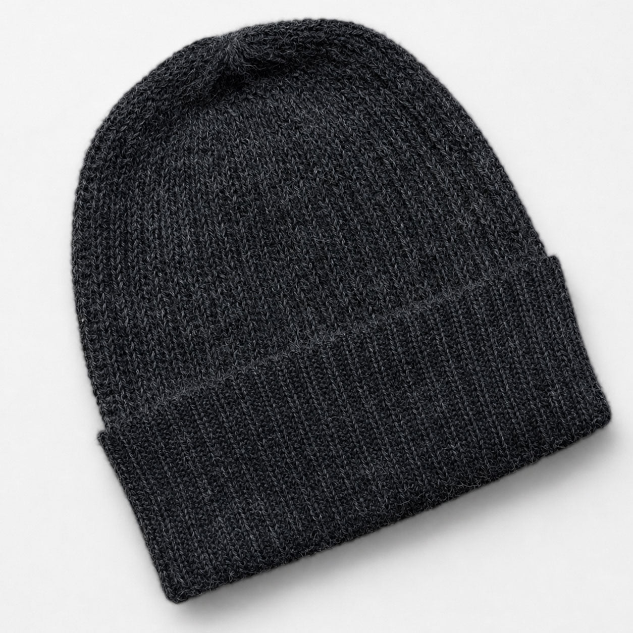 Dark gray ribbed alpaca beanie, lightweight and warm winter accessory.