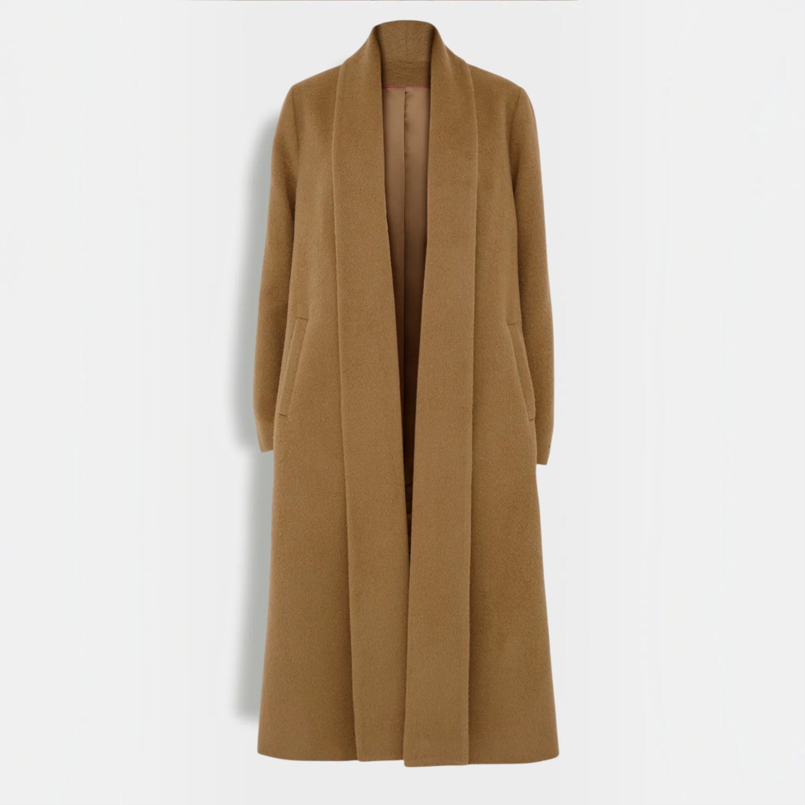Women’s camel Long Swing Coat crafted from Baby Alpaca and Wool