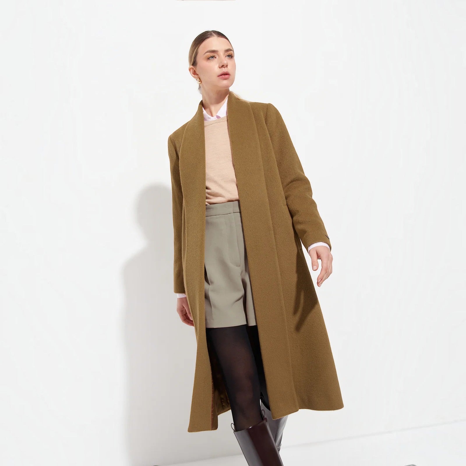 Kuna Long Swing Baby Alpaca and Wool Coat in camel