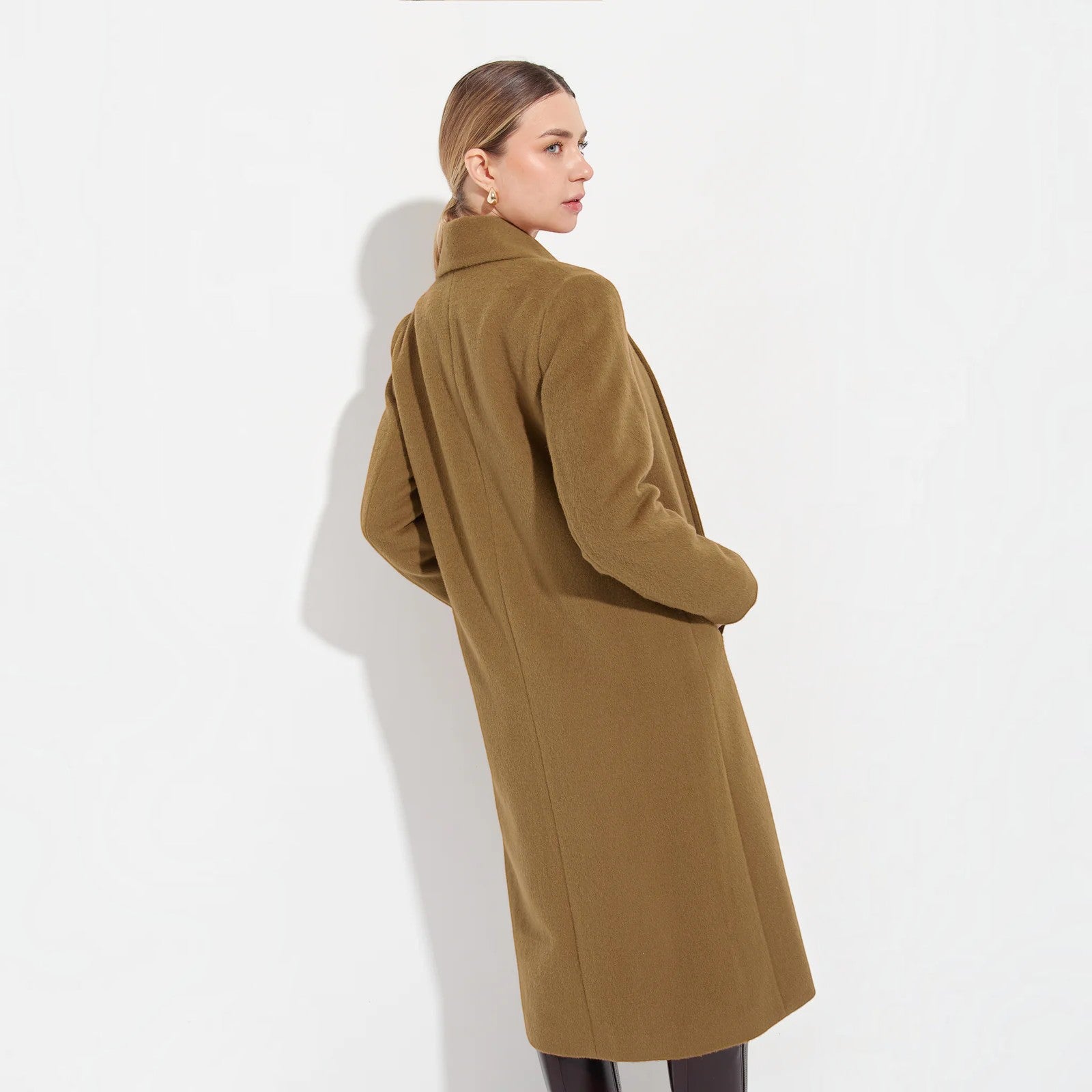 Longline camel alpaca coat with elegant open-front design