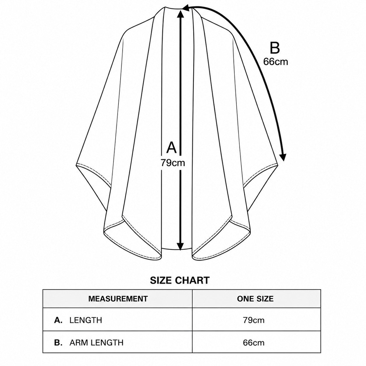 Measurement chart for a poncho-style garment, showing a line drawing with arrows labeled A and B and dimensions 79 cm and 66 cm, plus a size chart table below.