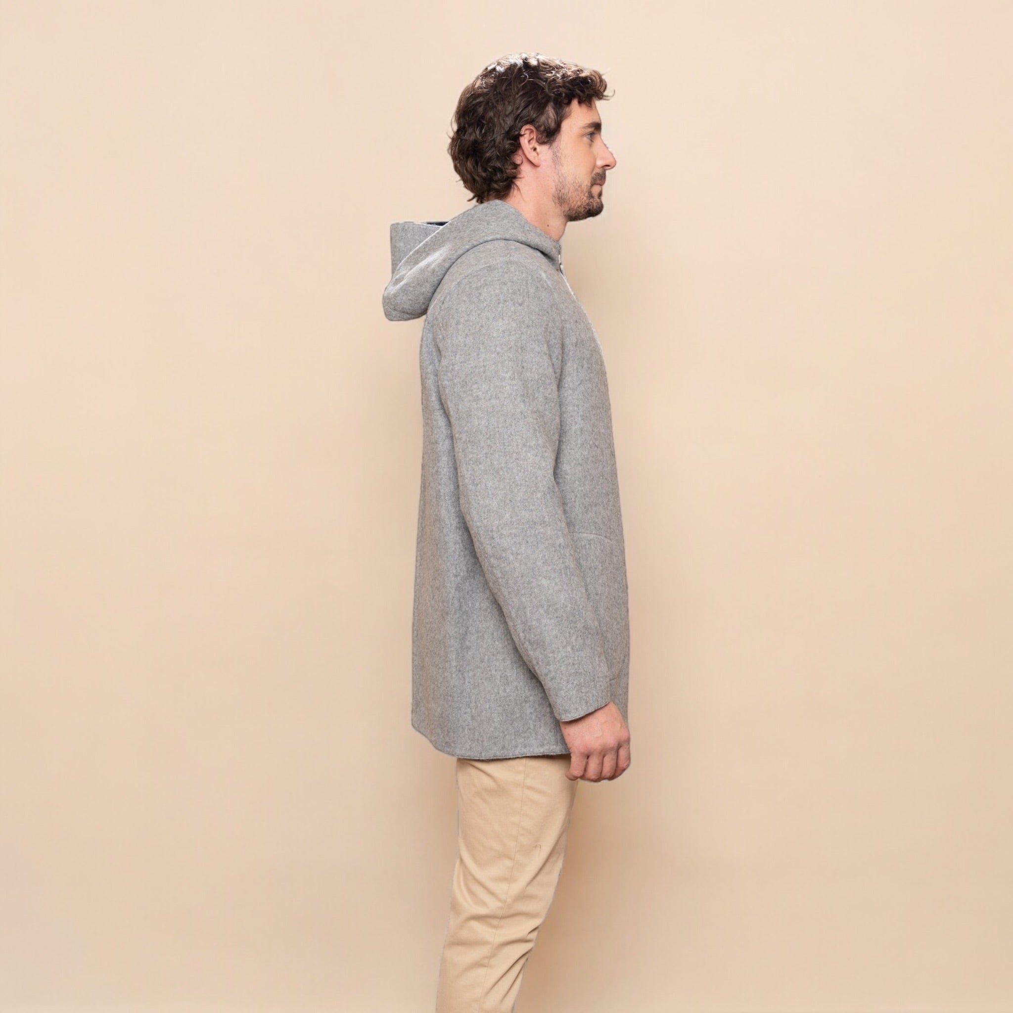 Men’s reversible alpaca hooded jacket with zip, warm winter outerwear.