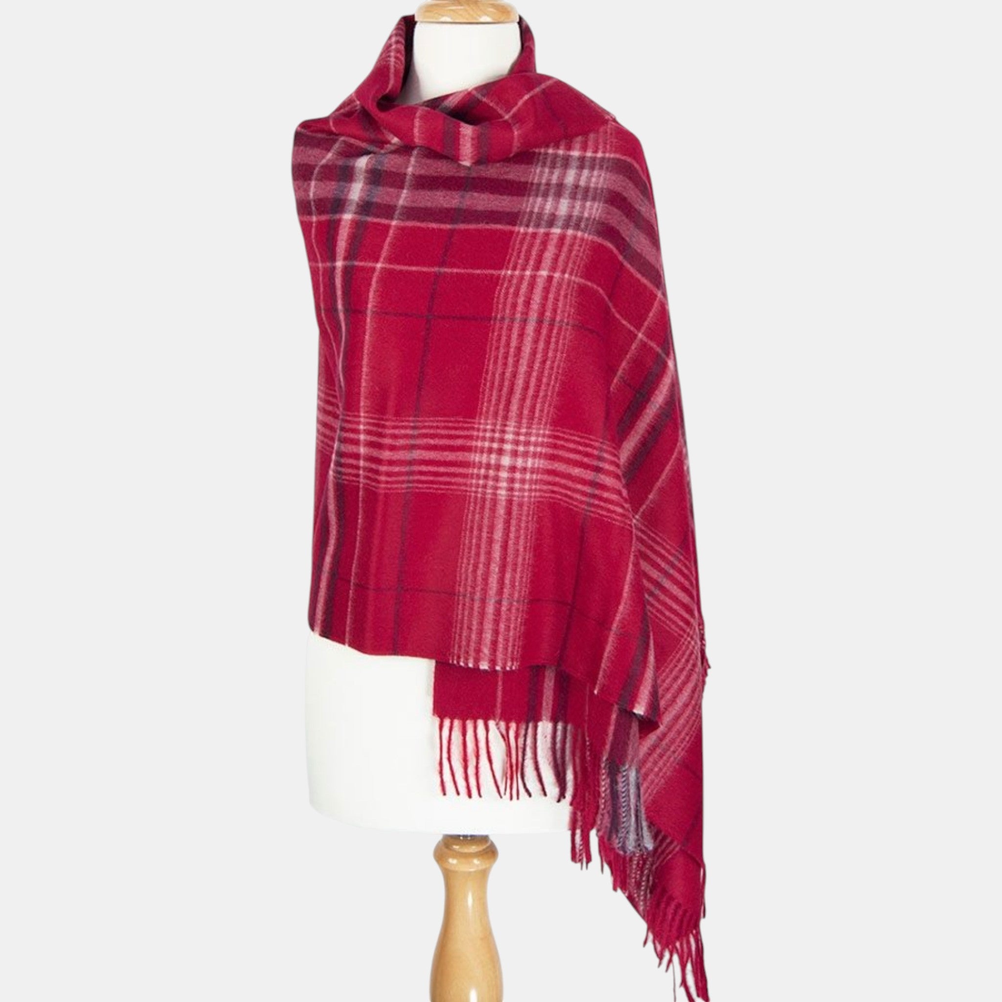 Elegant Red Plaid Suri alpaca shawl in silver grey, soft warm evening wrap.