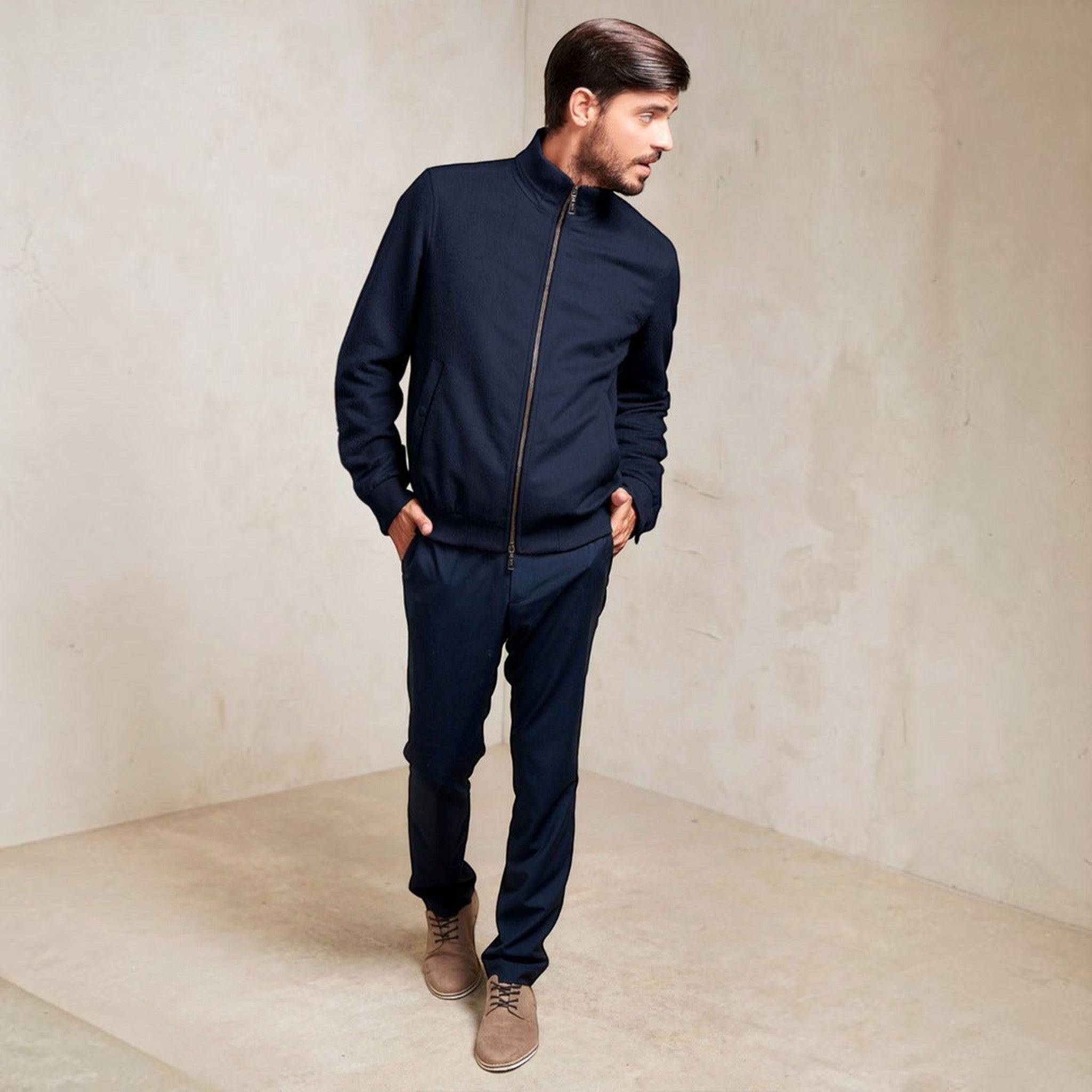 Casual men’s alpaca jacket styled with jeans or chinos in Navy