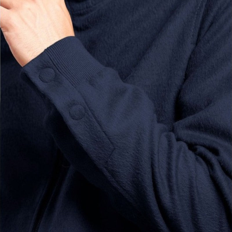 Close-up of the Nadrian jacket showing soft alpaca texture and cuff detail in Navy