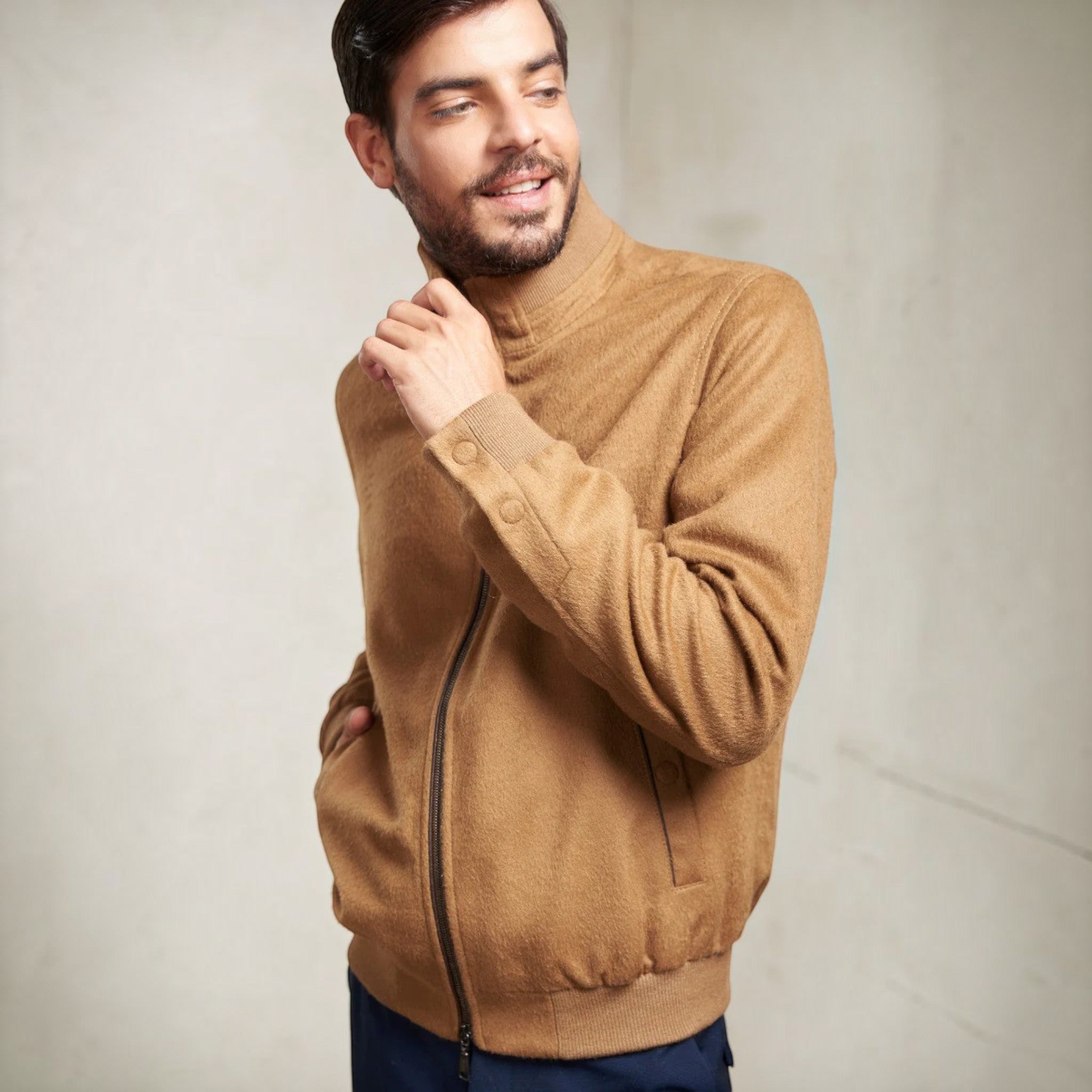 Nadrian Baby Alpaca Jacket with internal and external pockets in Camel