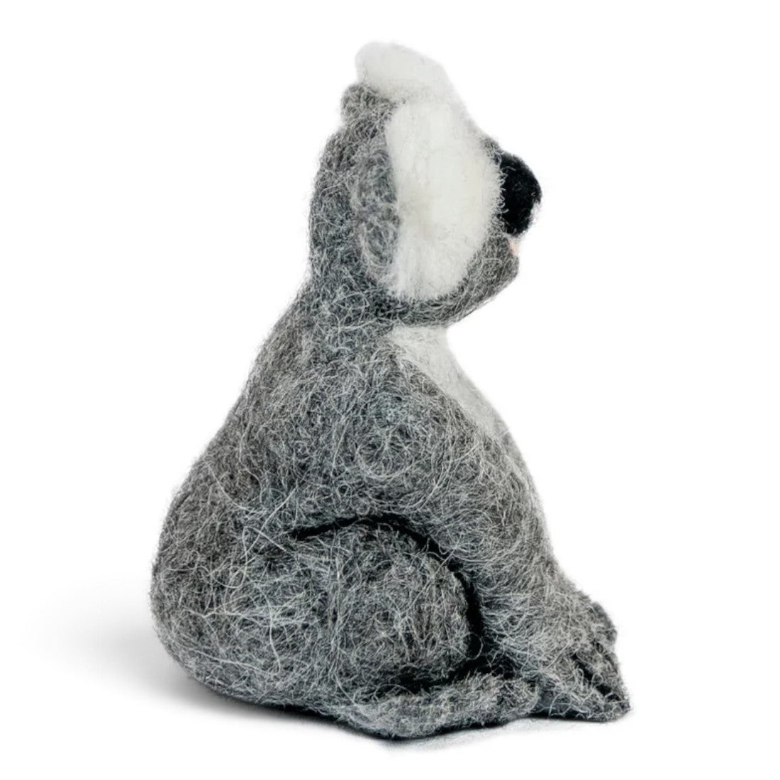Handcrafted felted alpaca koala sculpture shown from the side