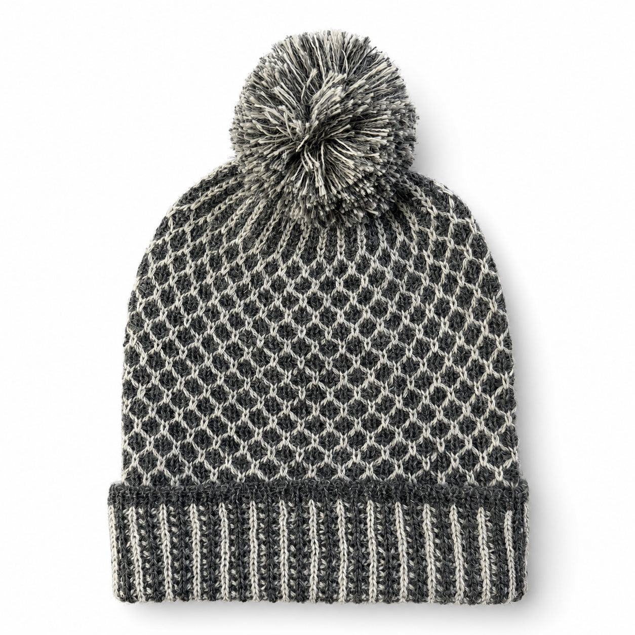 Charcoal and silver Nogal alpaca beanie with removable pom pom.