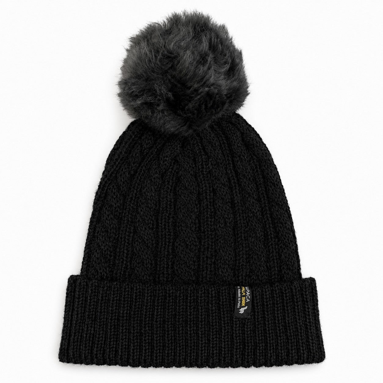 Warm cable alpaca beanie in Black with natural fur pompom