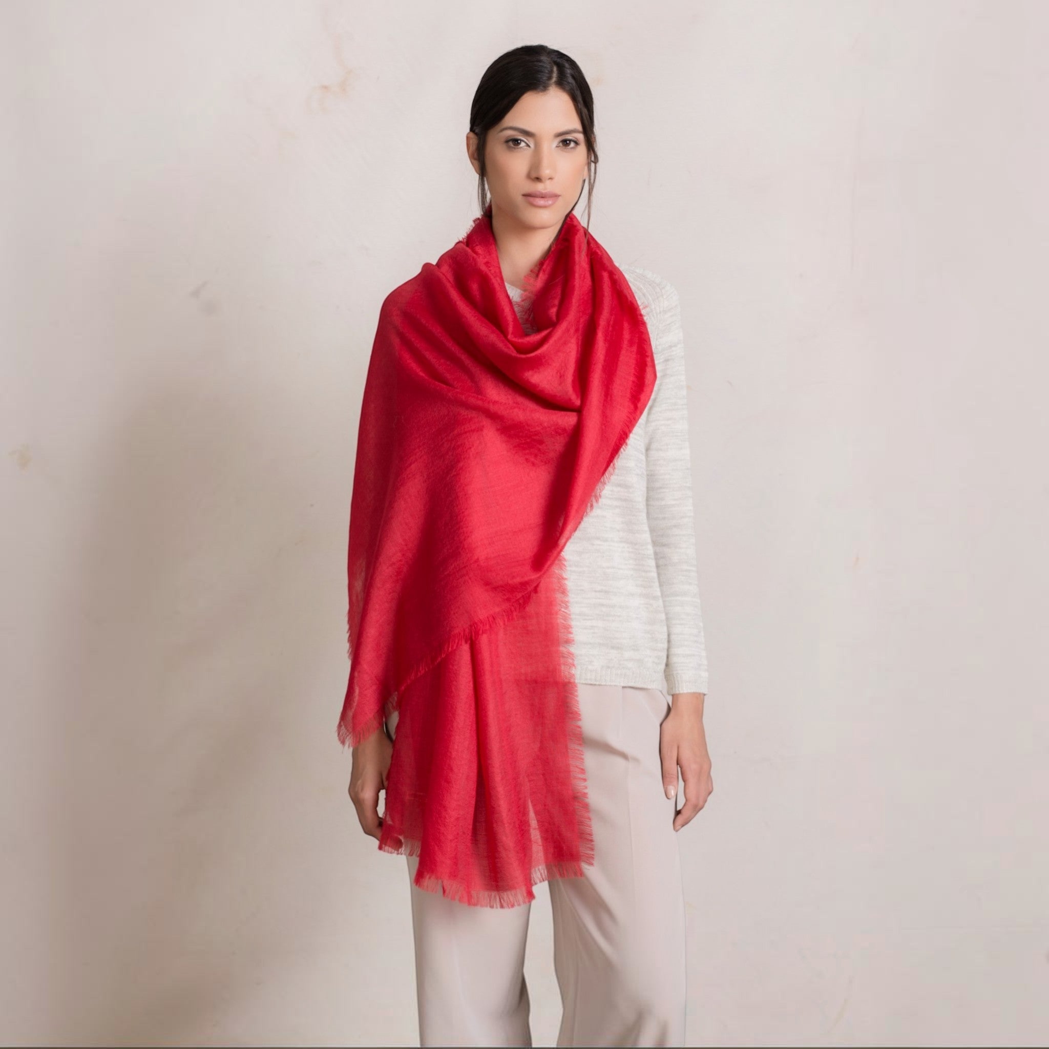 Soft alpaca silk shawl in Red tones, elegant cold weather accessory.