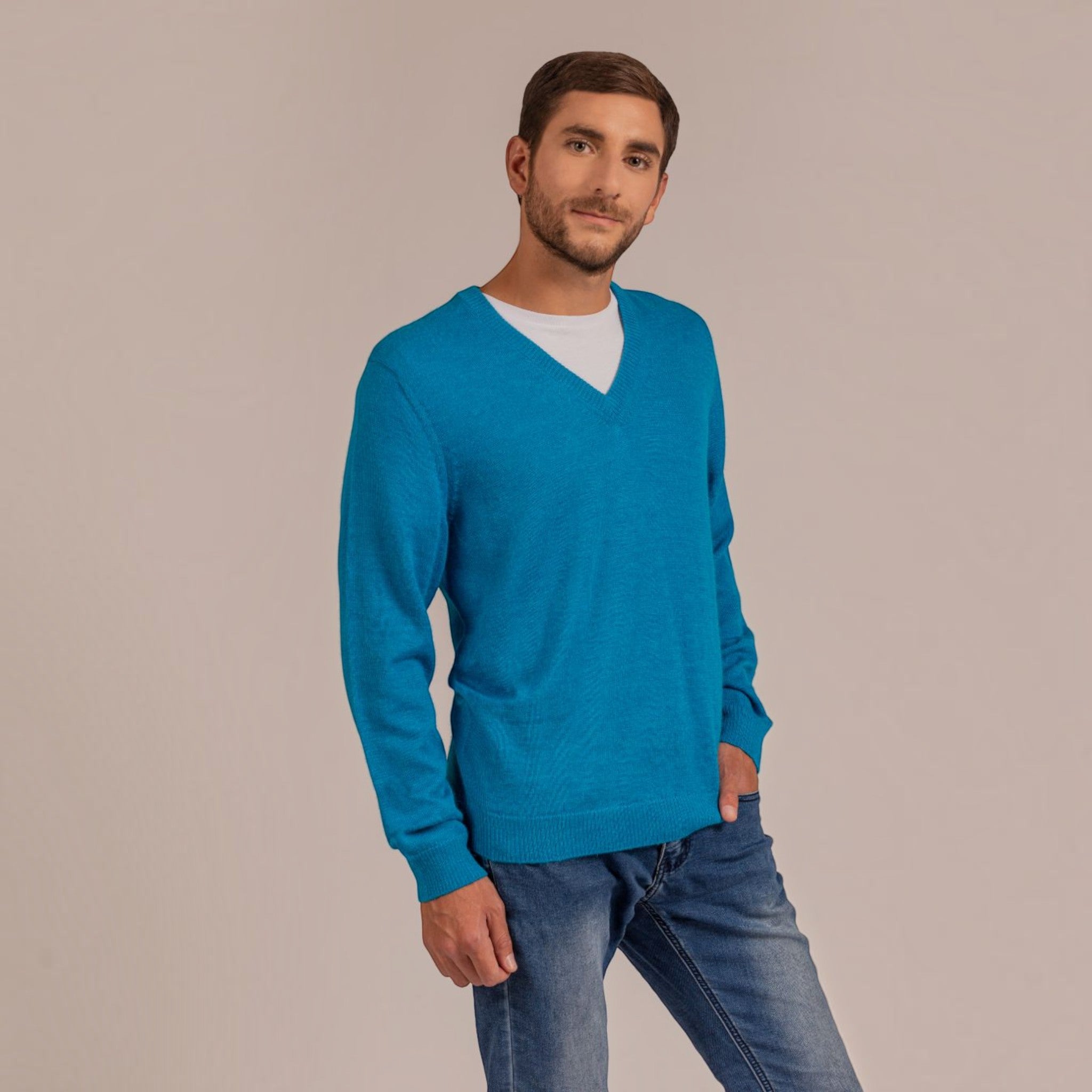 Men’s alpaca V-neck sweater styled on male model