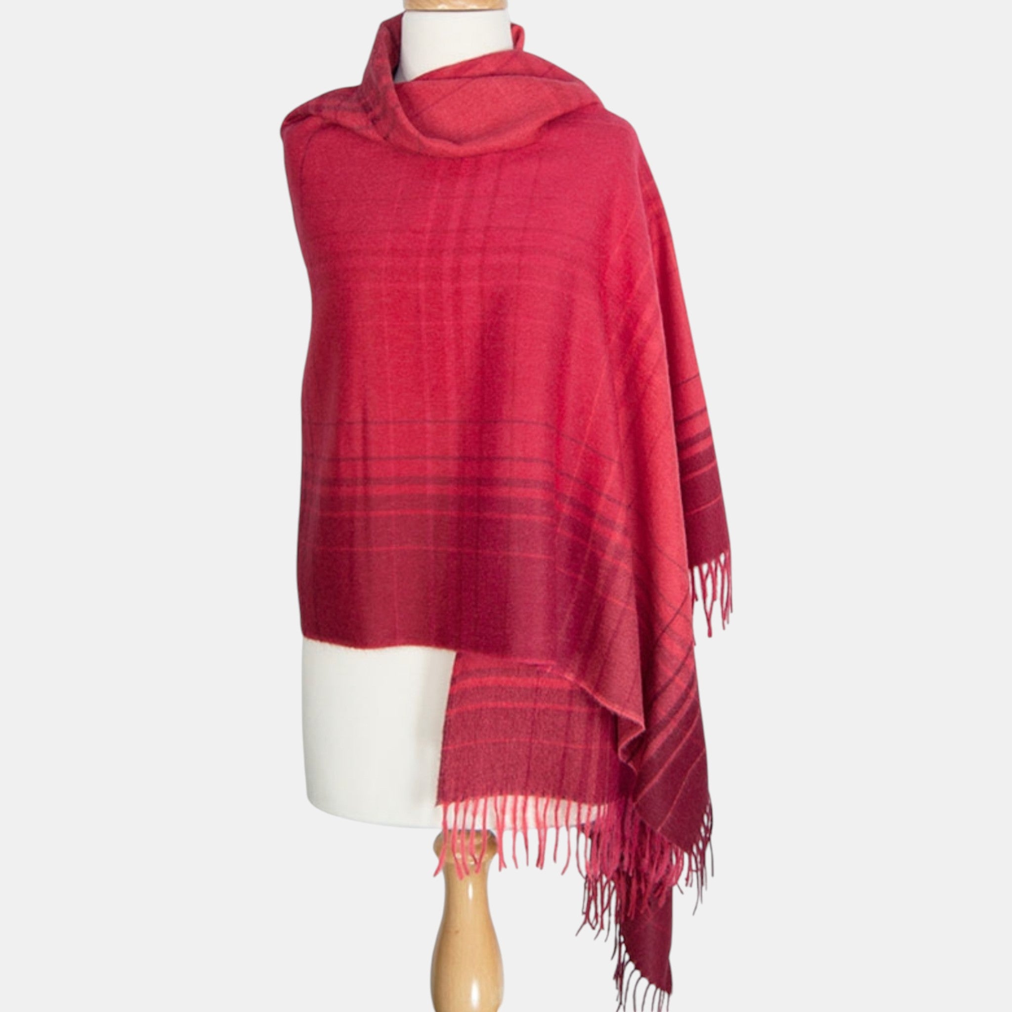 Lightweight Suri alpaca red check shawl with soft drape, warm winter layering piece.