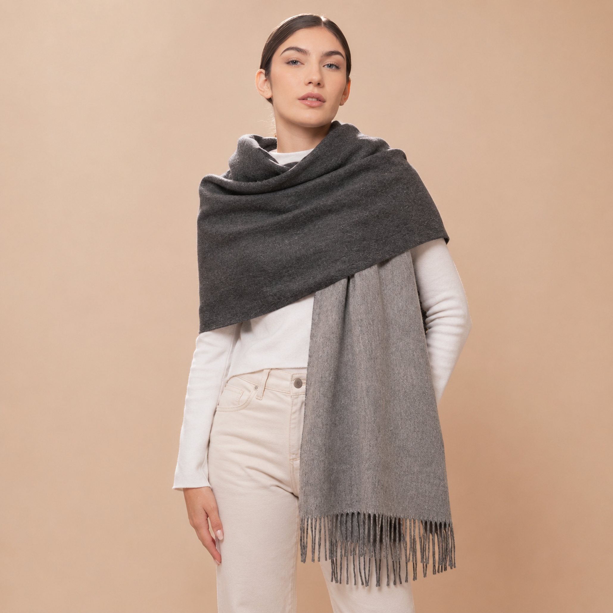 Reversible Baby Alpaca shawl in charcoal and mid grey, made in Peru from 100% Baby Alpaca