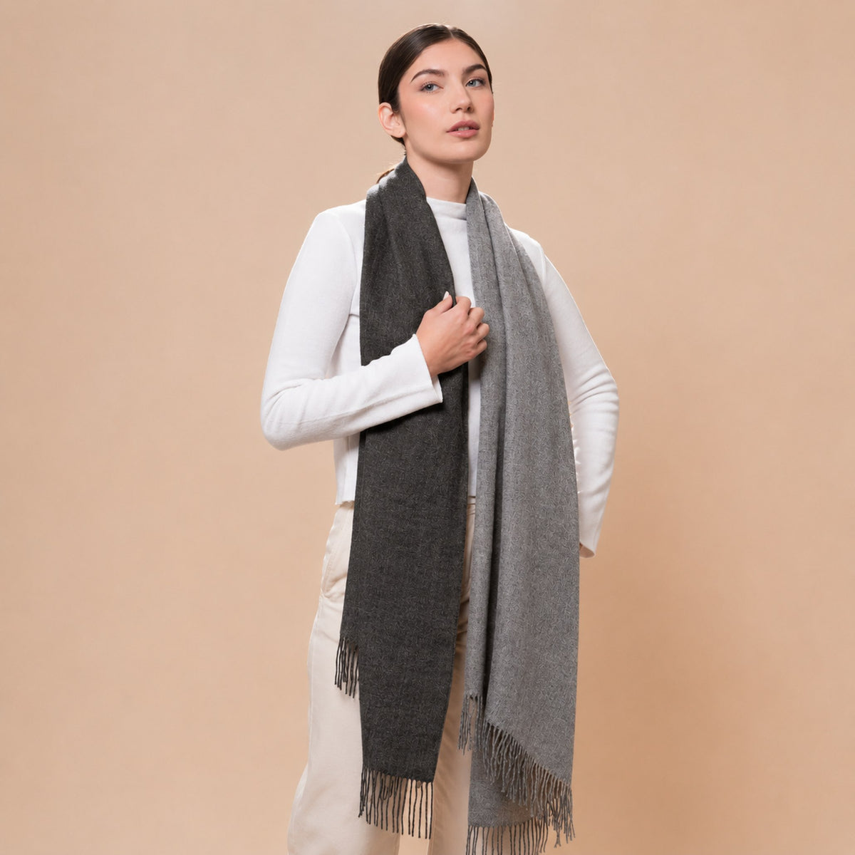 Two-tone reversible Baby Alpaca shawl with fringed ends in charcoal and mid grey