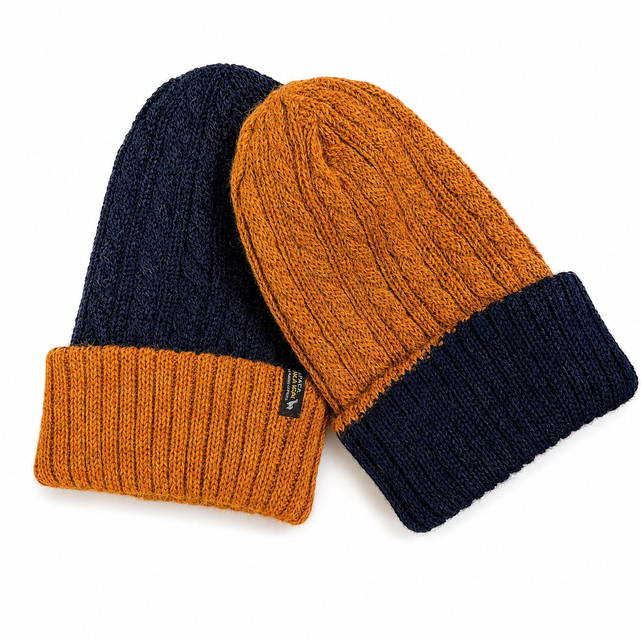 Australian Alpaca Barn baby alpaca beanie in reversible style in navy and mustard