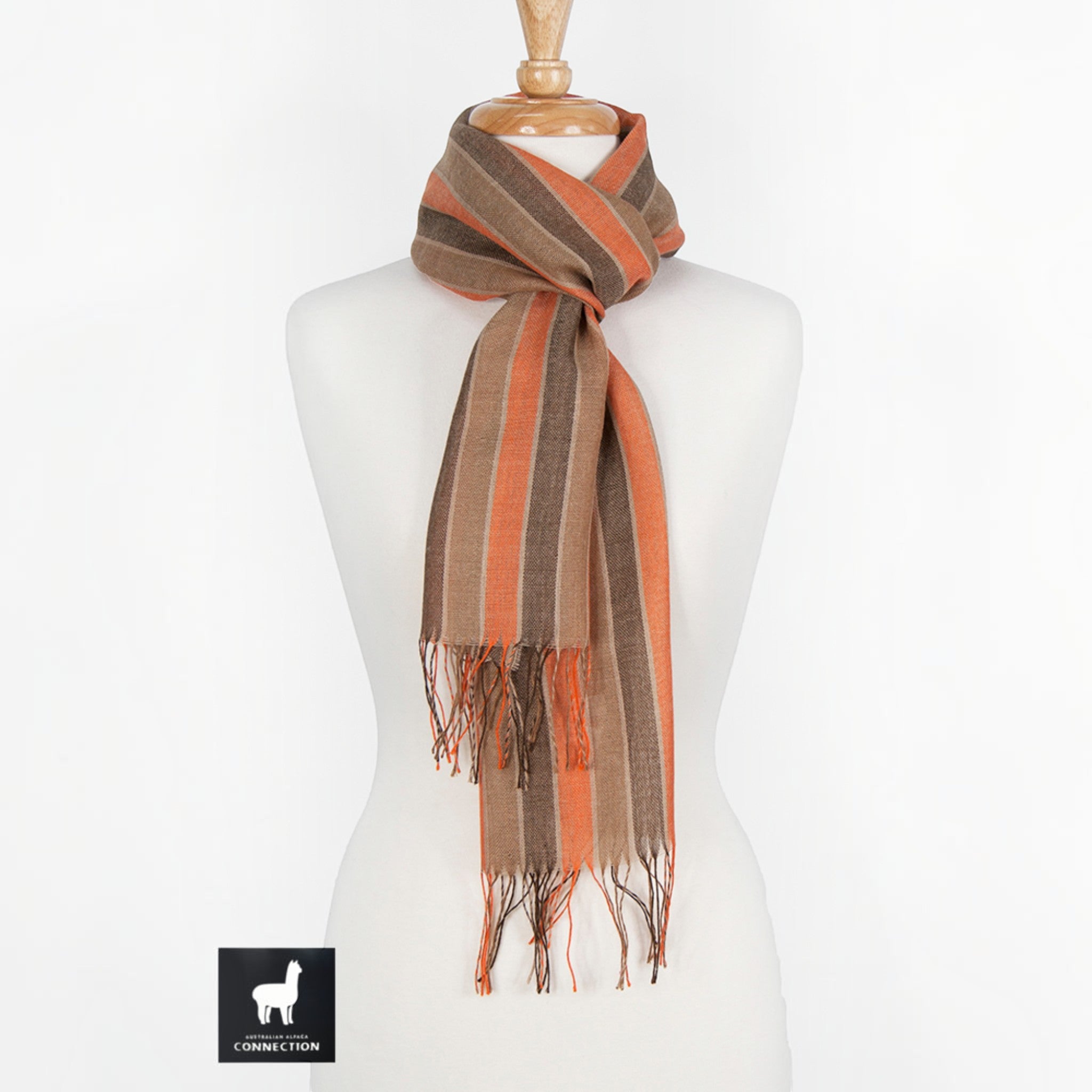 Alpaca and silk scarf in caramel and orange stripe, lightweight warm natural fibre scarf.