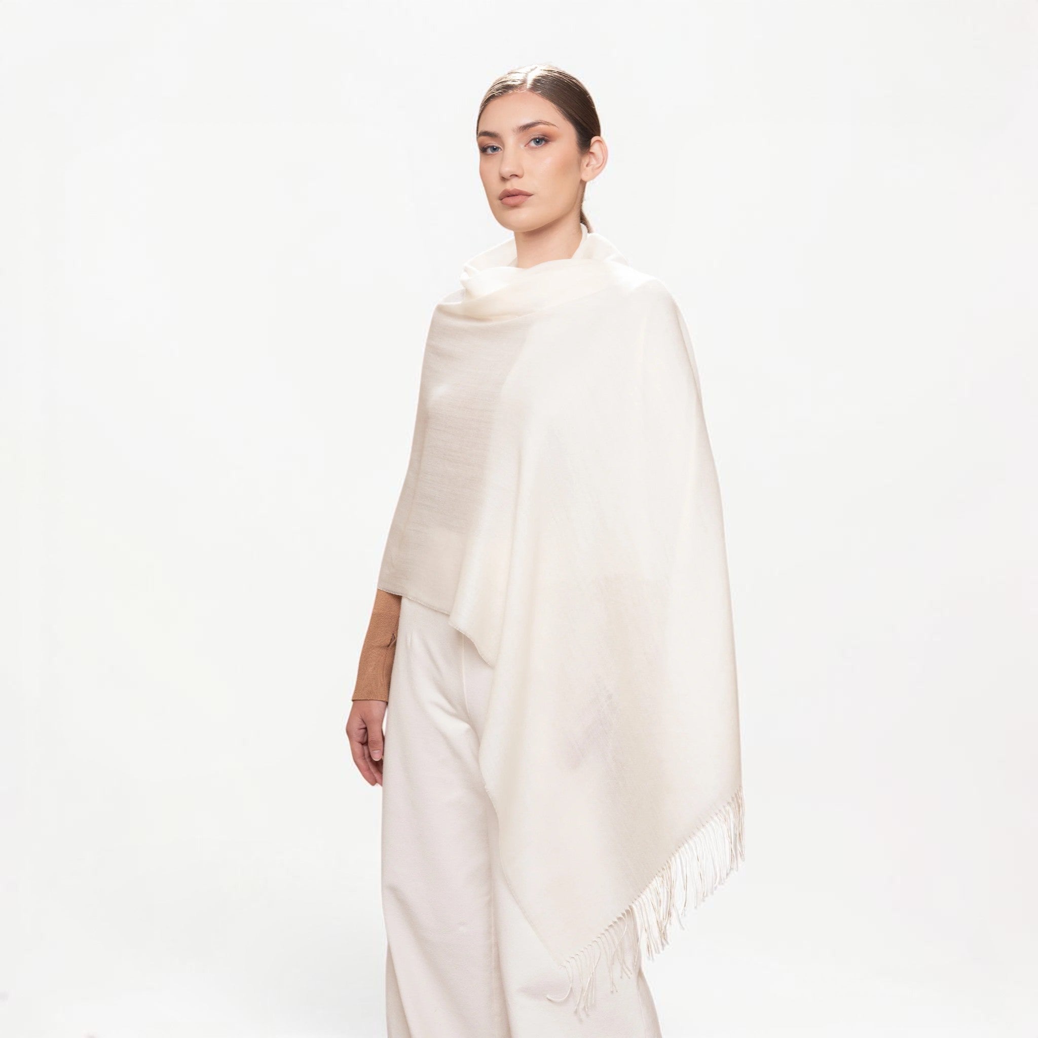 Soft alpaca and silk shawl in natural cream, lightweight luxury wrap.