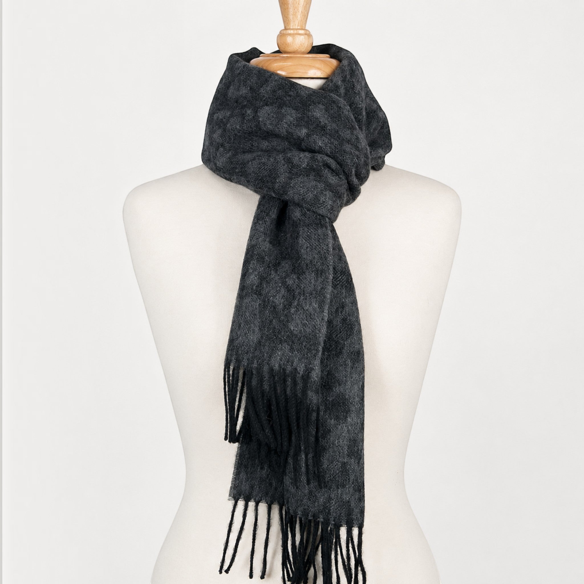 Black and mid grey leopard patterned 100% Baby Alpaca scarf with fringe