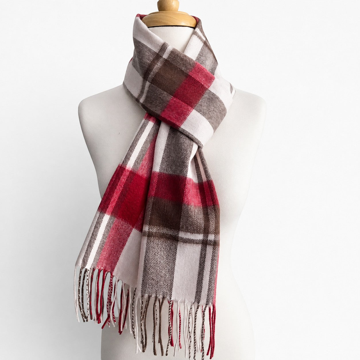 Warm Australian alpaca scarf for cold weather with pink and brown check pattern