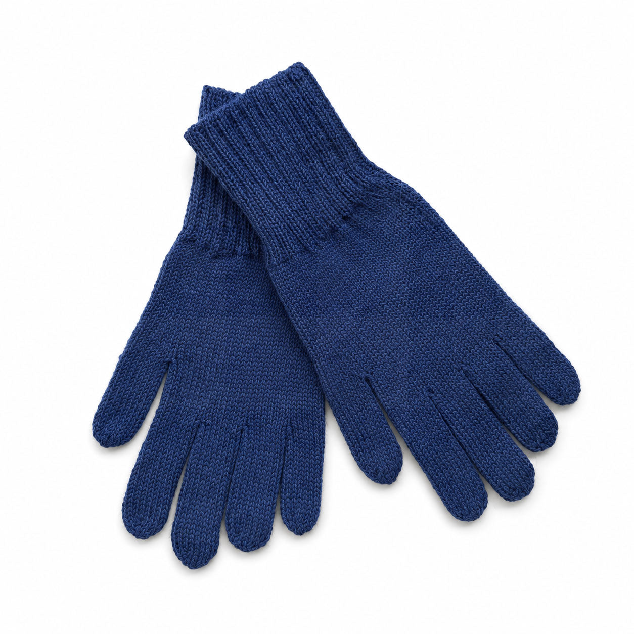 Pair of blue knitted alpaca gloves on a white background