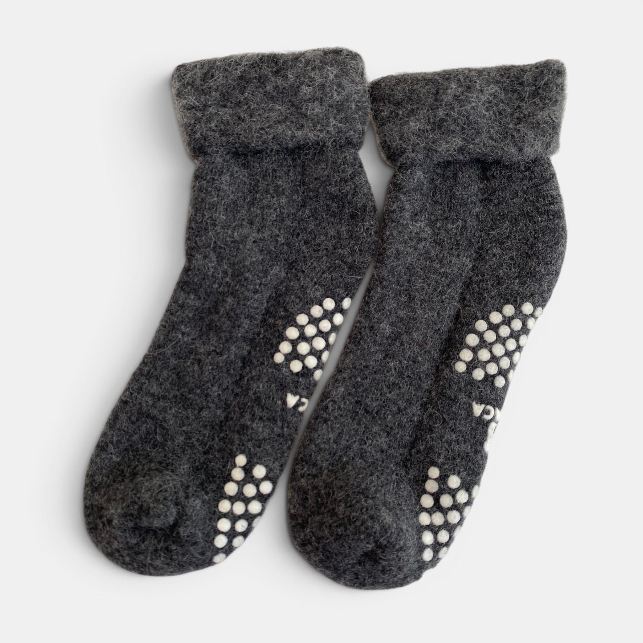 Soft alpaca slipper socks in grey, warm indoor socks with grip soles.