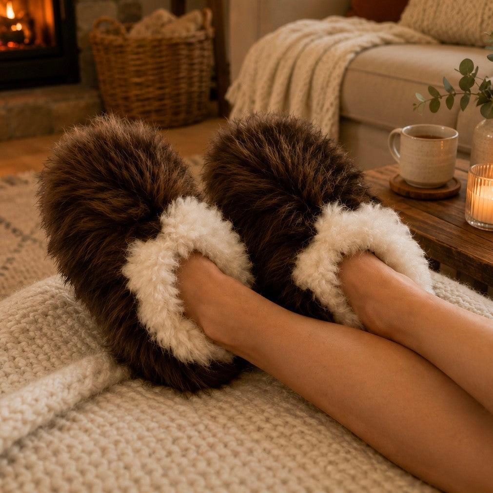 Reversible alpaca fur house slippers in natural brown and cream tones