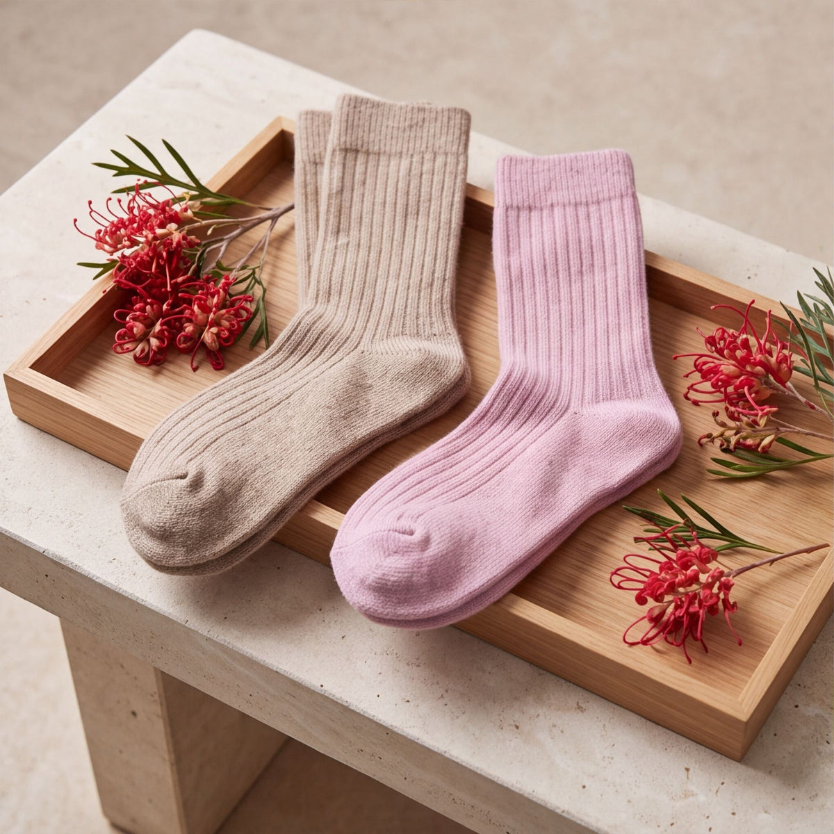 Thick Alpaca Comfort socks in Fawn and Pink