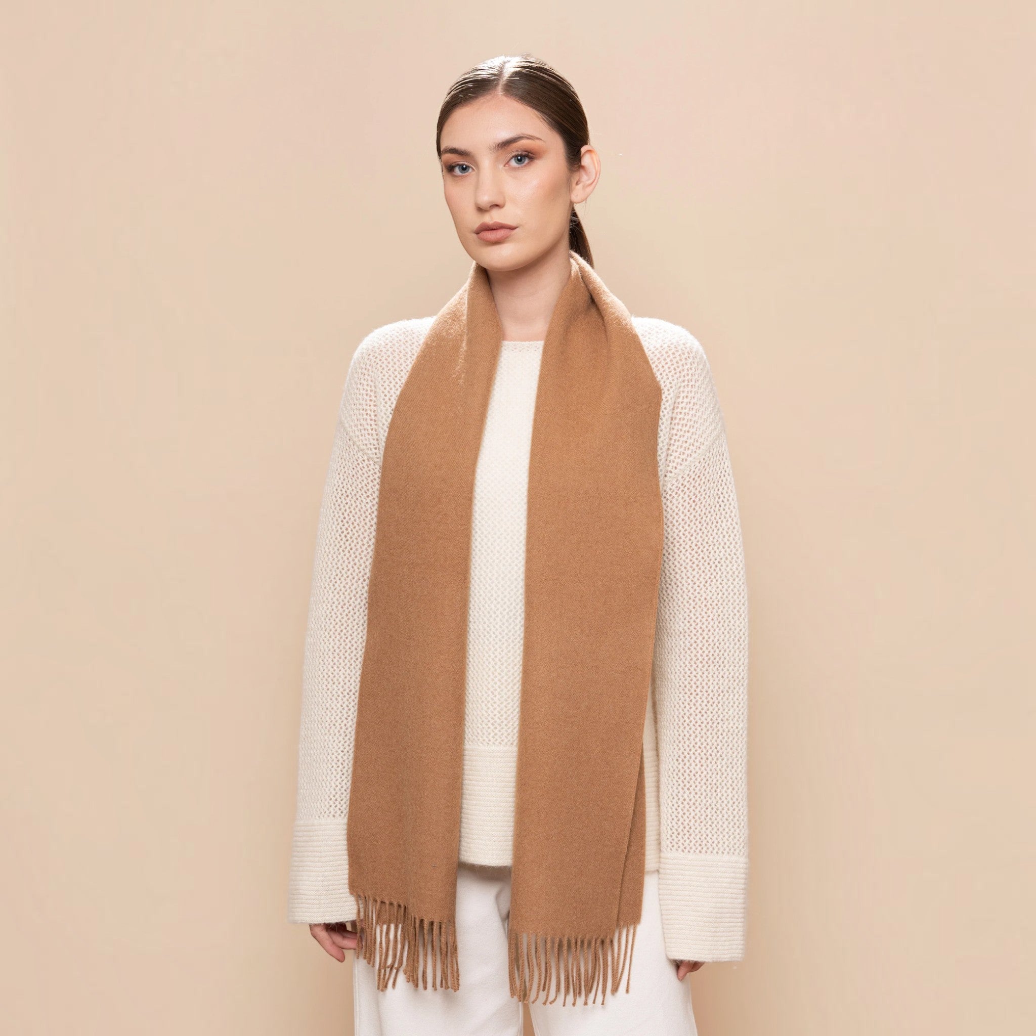 Camel undyed Baby Alpaca Eco scarf with rich natural tone and twisted fringes