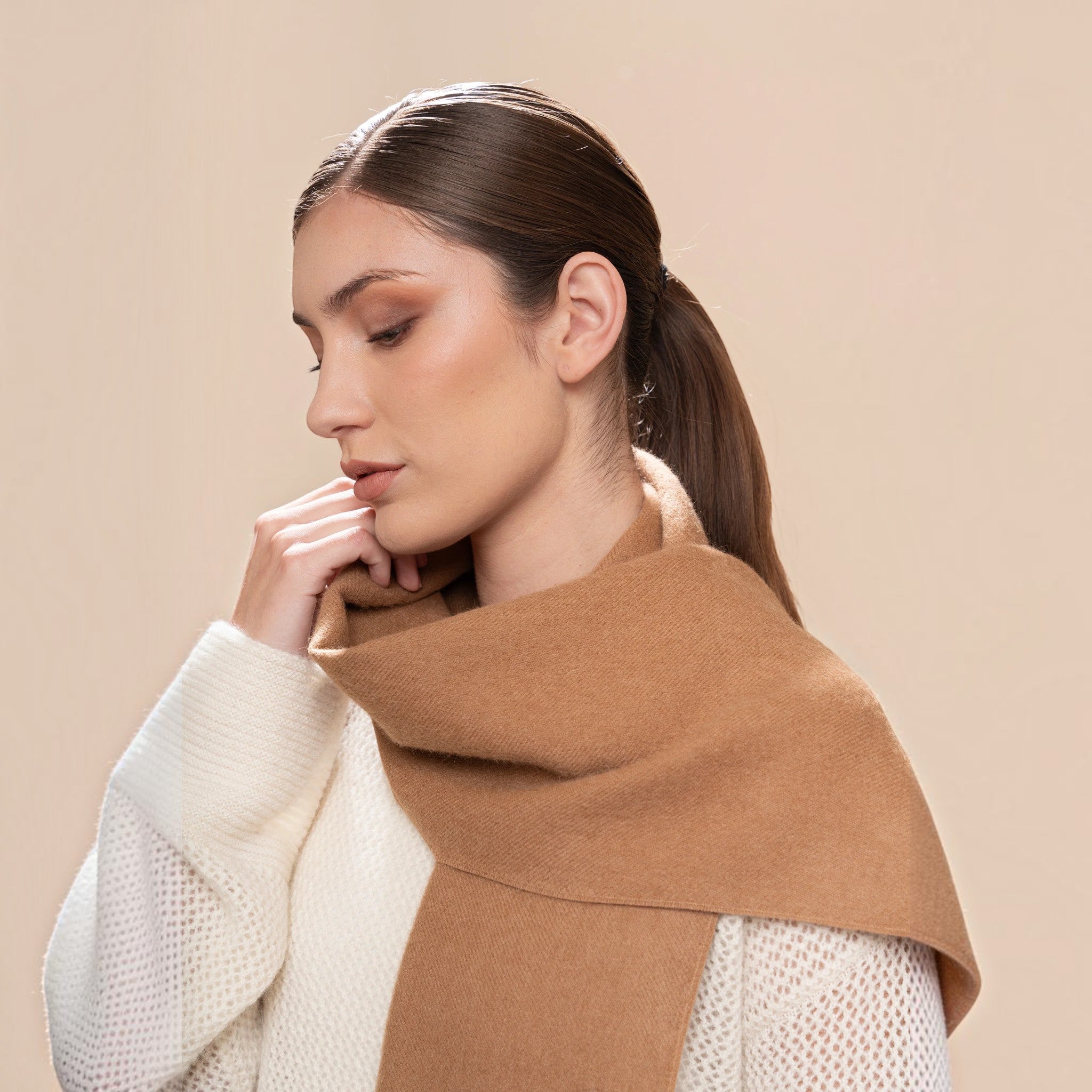 Natural camel 100% Baby Alpaca Eco scarf with brushed texture and luxurious softness
