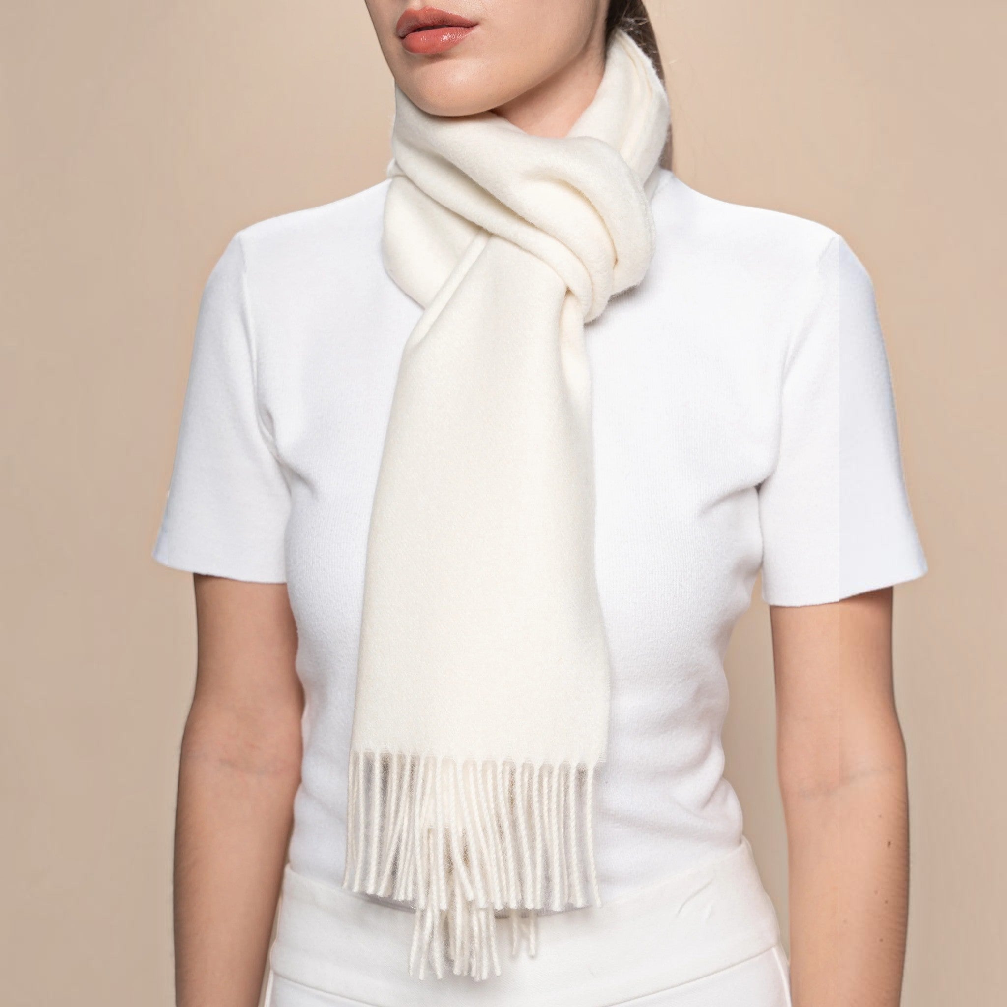 Natural ecru 100% Baby Alpaca Eco scarf with soft drape and lightweight warmth