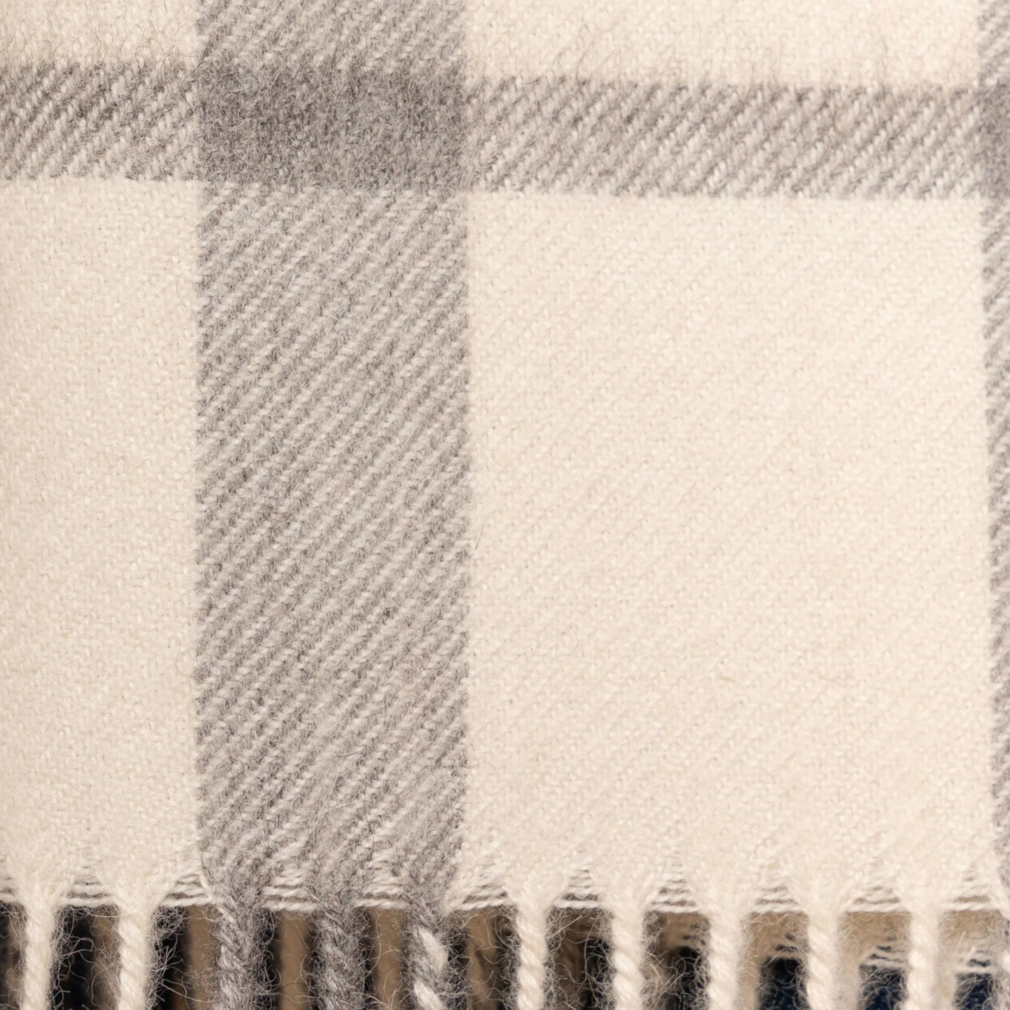 Close up of White and grey Eco Undyed Plaid Scarf crafted from 100% Baby Alpaca with classic check design