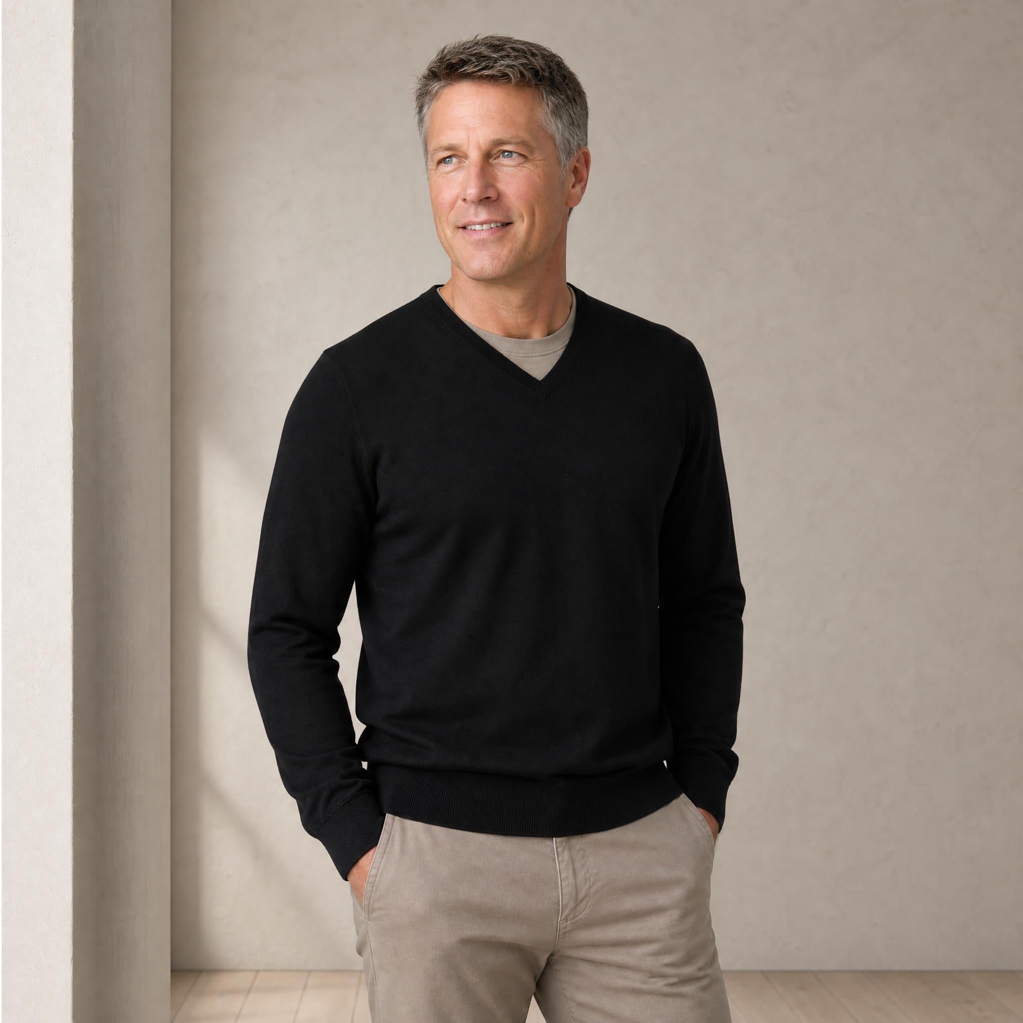 Australian made men’s V-neck alpaca and cashmere sweater on model
