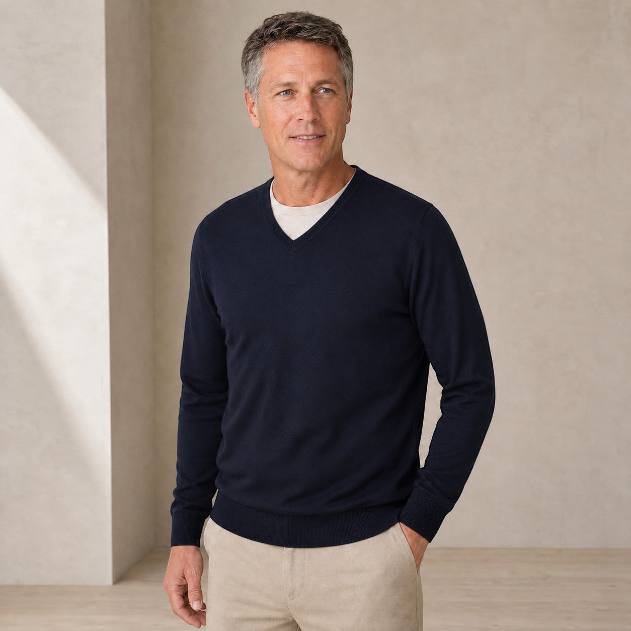 Men’s alpaca cashmere V-neck sweater in classic winter knitwear style on model, Australian Made