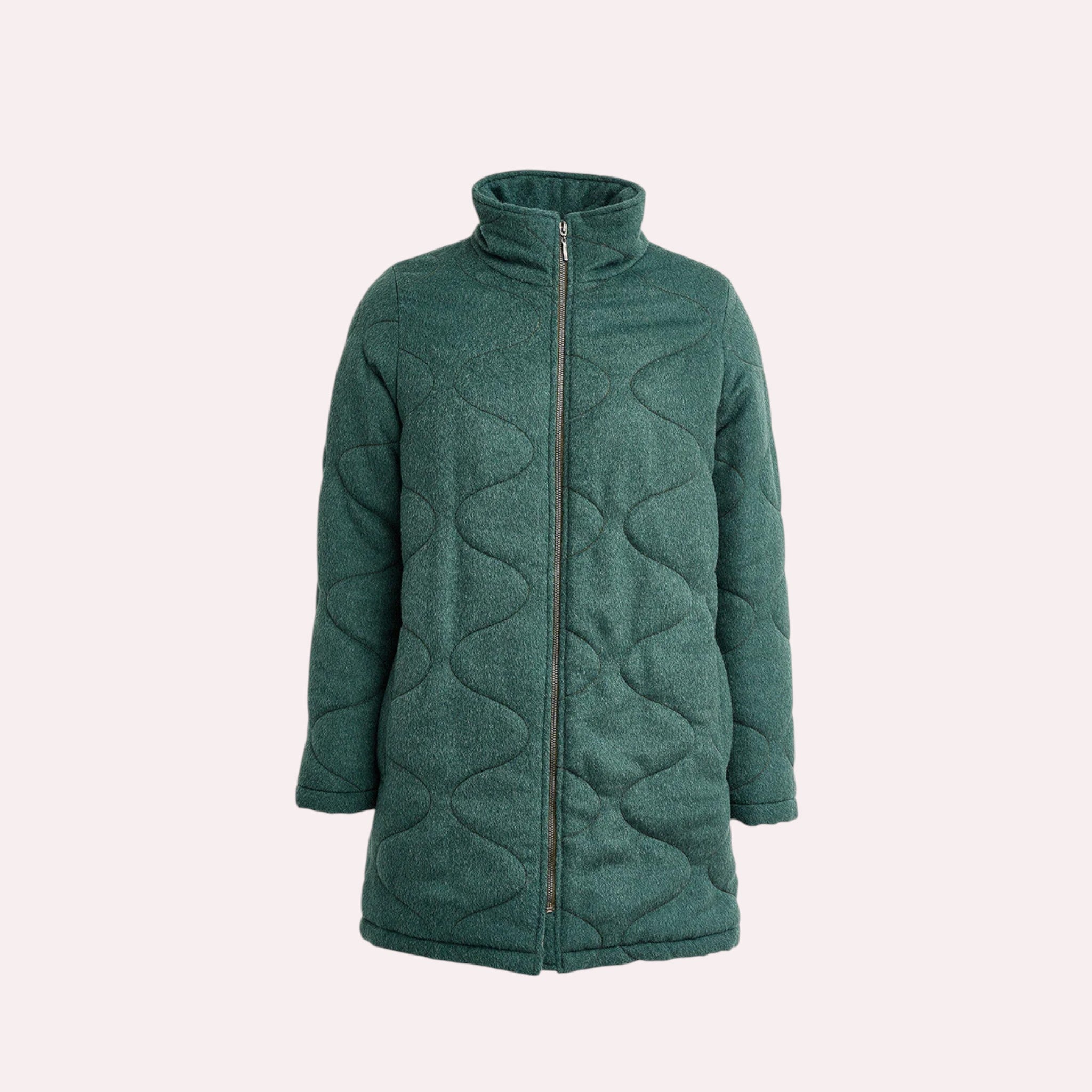 Ladies padded green alpaca coat with high neck, cosy winter coat for cold days.