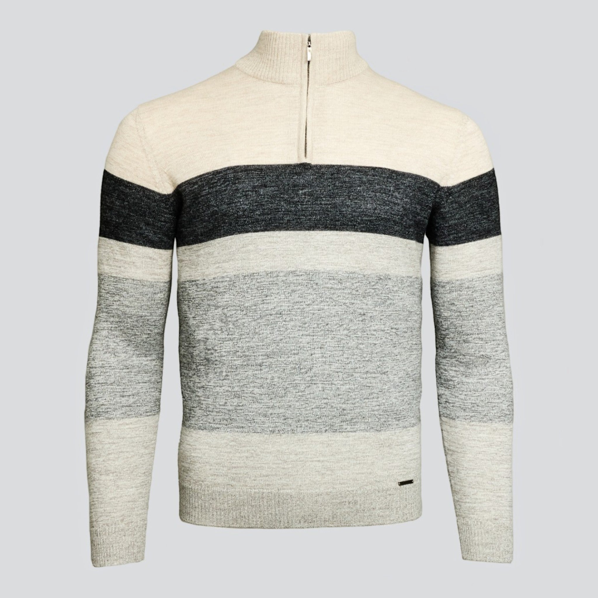 Yonas men’s Baby Alpaca sweater in mocha with a wide grey chest stripe