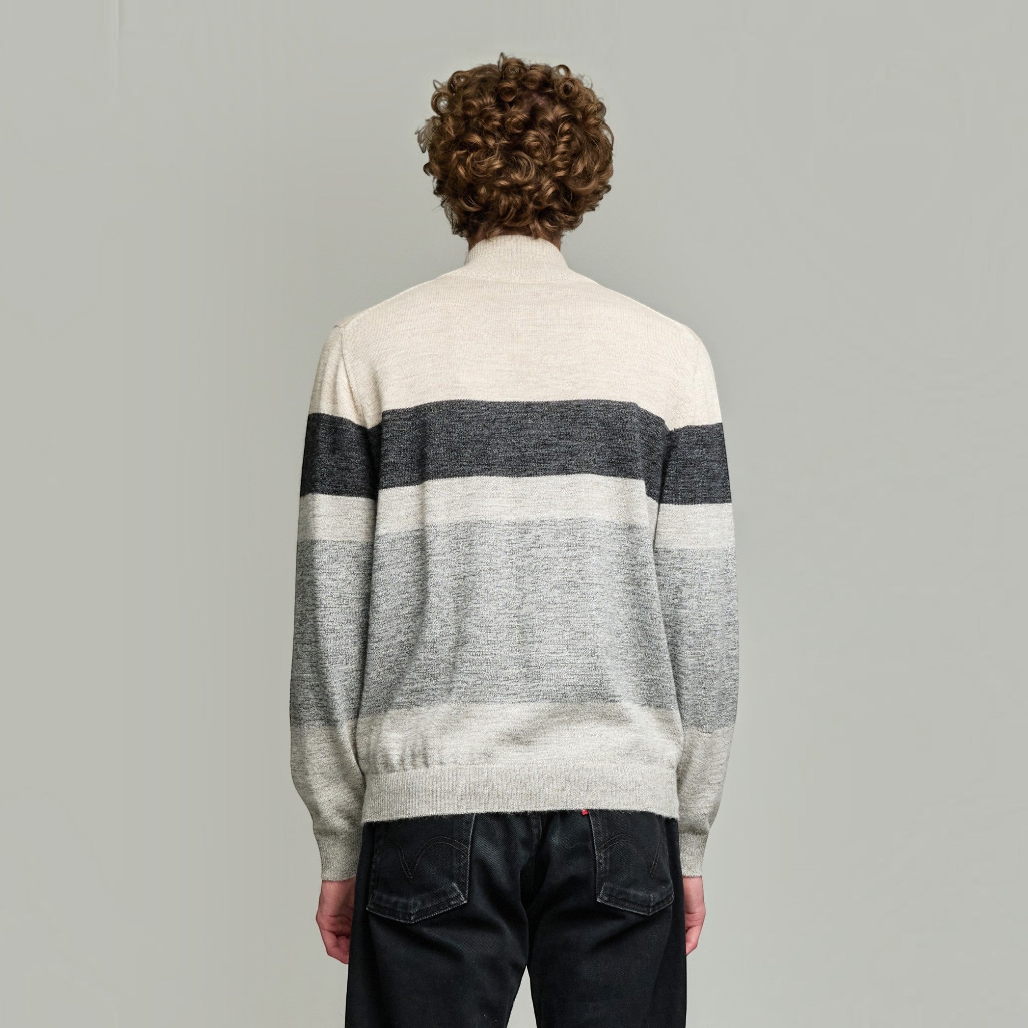 Men’s mocha Baby Alpaca quarter-zip knit sweater with ribbed collar and cuffs