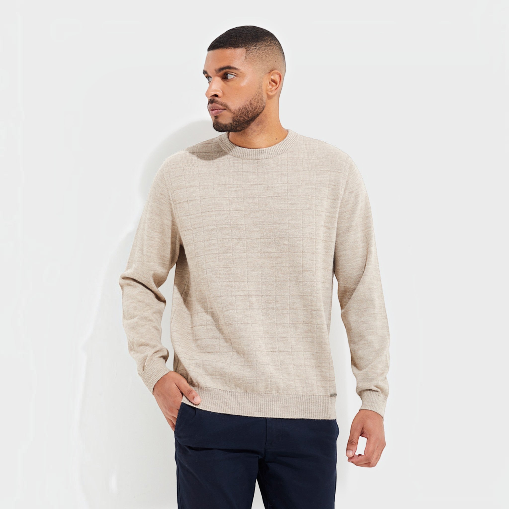 Men’s Yale Baby Alpaca sweater in Pelicano beige with textured check front