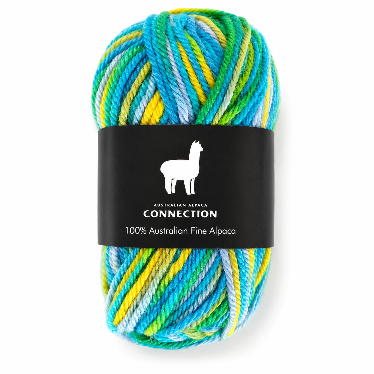 A ball of variegated Australian Alpaca Connection yarn in shades of blue, green, and yellow, displayed next to its black branded paper tag on a white background