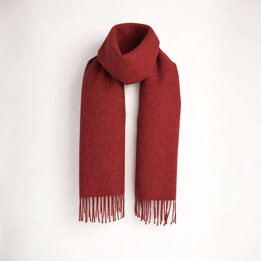 Luxury baby alpaca scarf in ruby, elegant winter scarf for women.