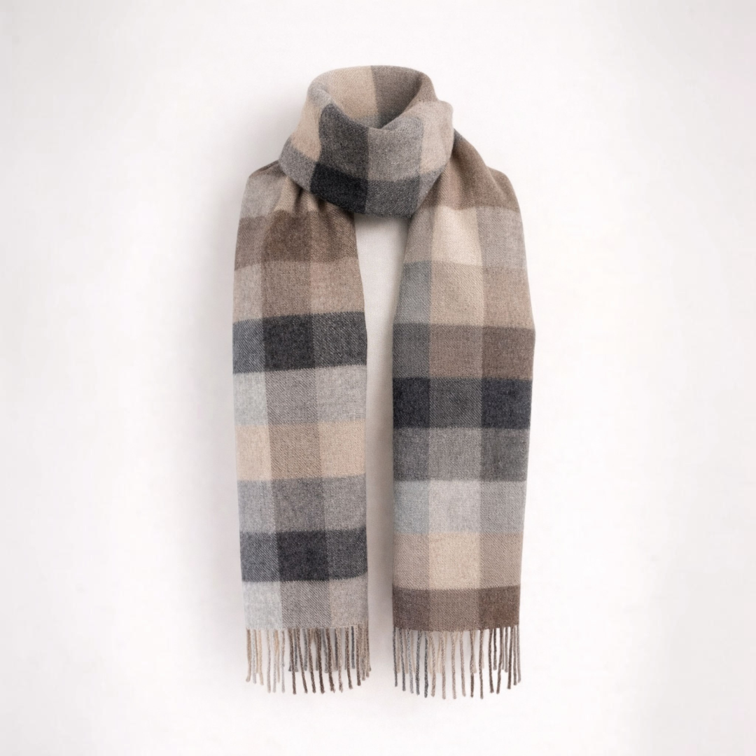 Baby alpaca check scarf in Brown and Grey, soft winter accessory.