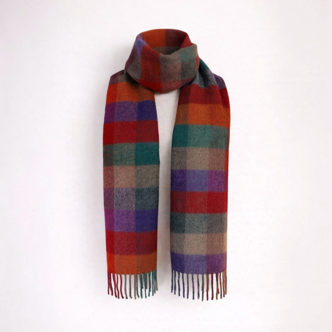 Soft alpaca scarf in multi coloured check, warm lightweight layer.