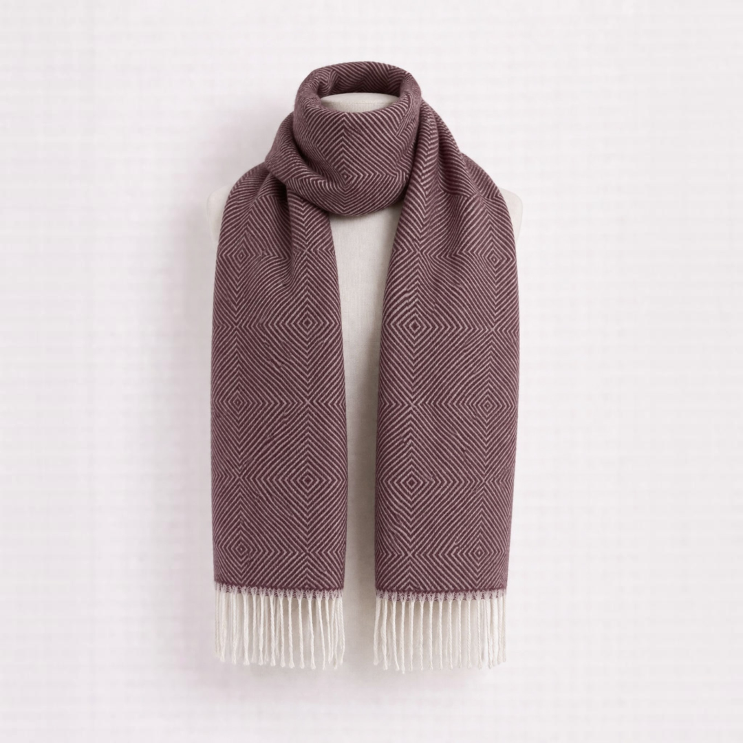 Elegant burgundy diamond design, alpaca scarf in silver grey, soft winter gift for him.