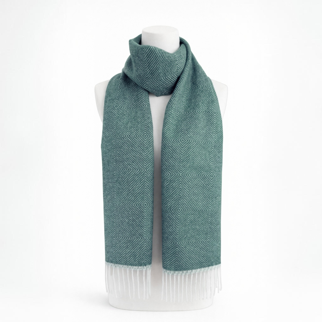 Warm alpaca scarf with teal diamond detail, thoughtful gift for someone who feels the cold