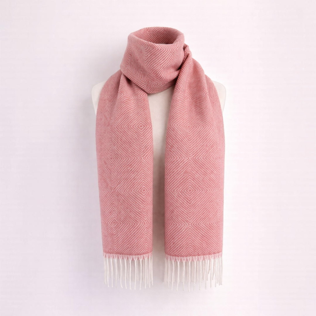 Luxury alpaca scarf with woven diamond detail in red, elegant natural fibre accessory.