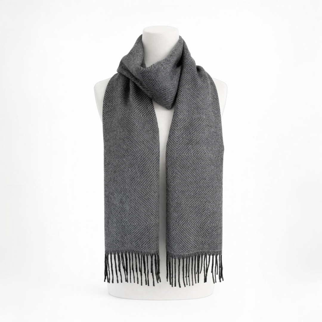 Luxury alpaca scarf in grey diamond, elegant fathers Day gift.
