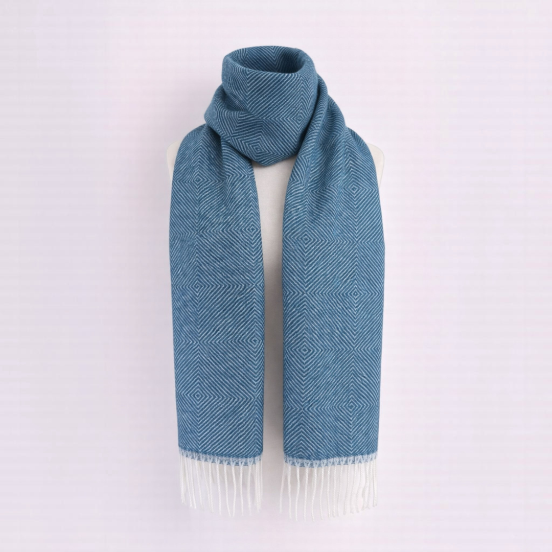 Alpaca scarf with diamond pattern in blue, classic warm scarf for cold weather.